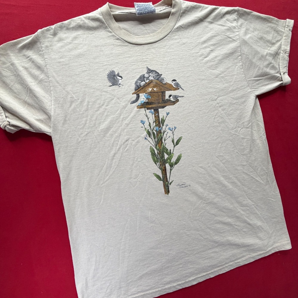 Vintage 90s Endless Designs Cat Birdhouse Graphic T-Shirt Tan Men Large USA Made